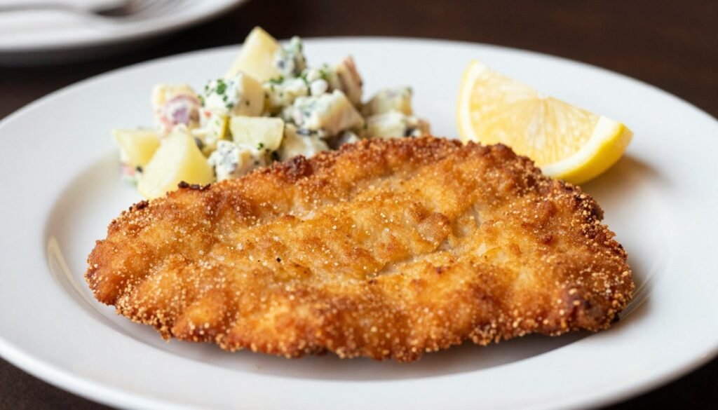 Traditional Viennese Wiener Schnitzel served with potato salad and lemon wedge