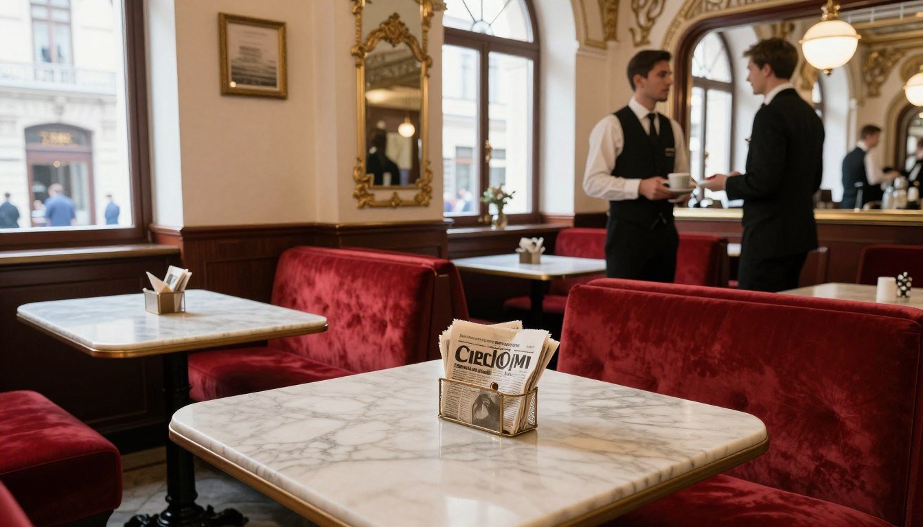 Traditional Viennese coffee house with marble tables and classic interior showing restaurants in Vienna's historic dining culture