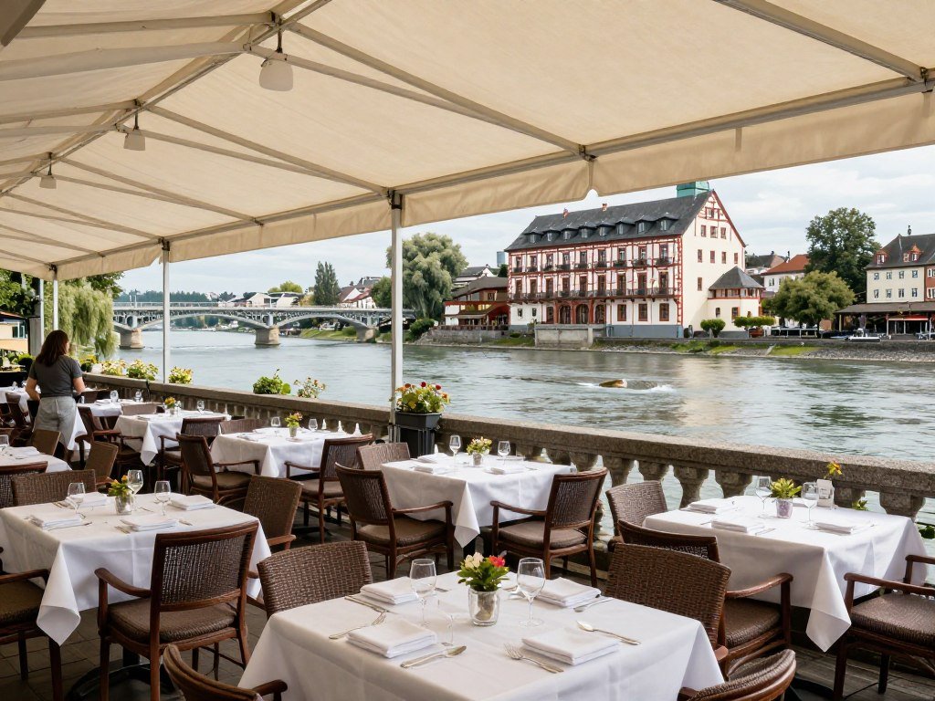 Traditional hotel restaurant terrace by river