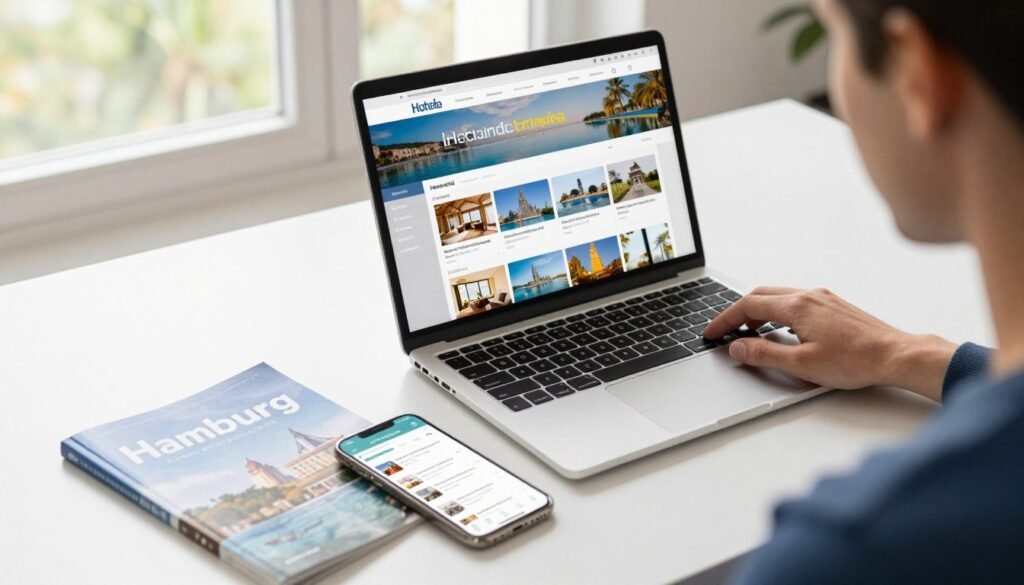 The Best Hotels in Hamburg 29 Traveler booking hotel on laptop and smartphone