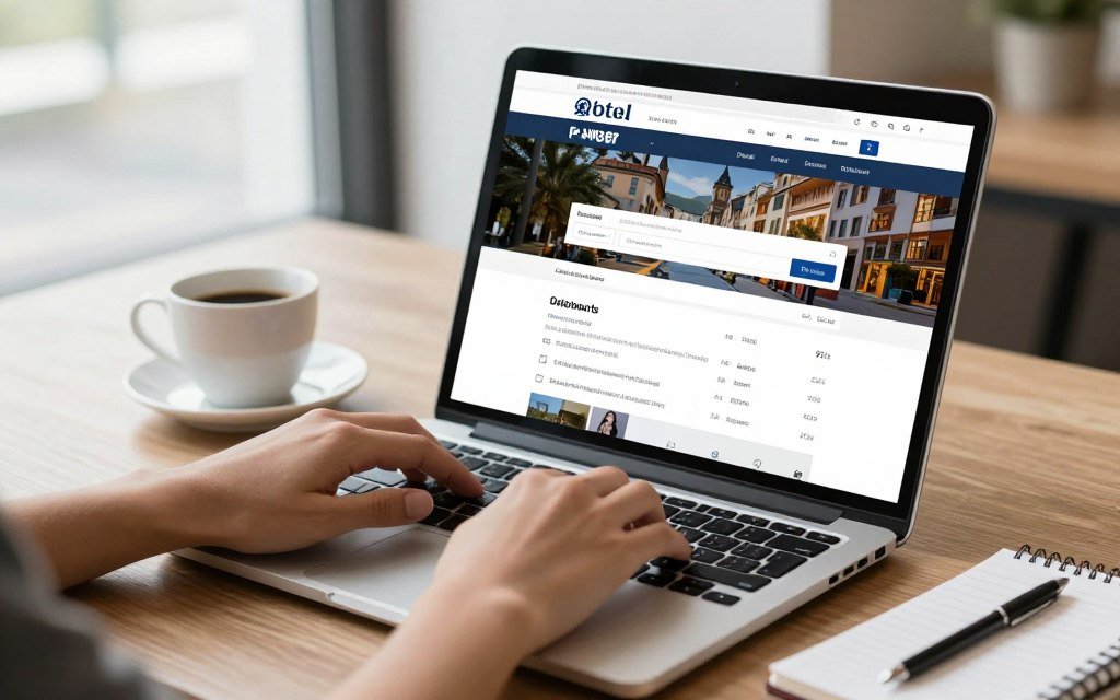 Traveler booking hotel on laptop with Geneva hotel websites displayed
