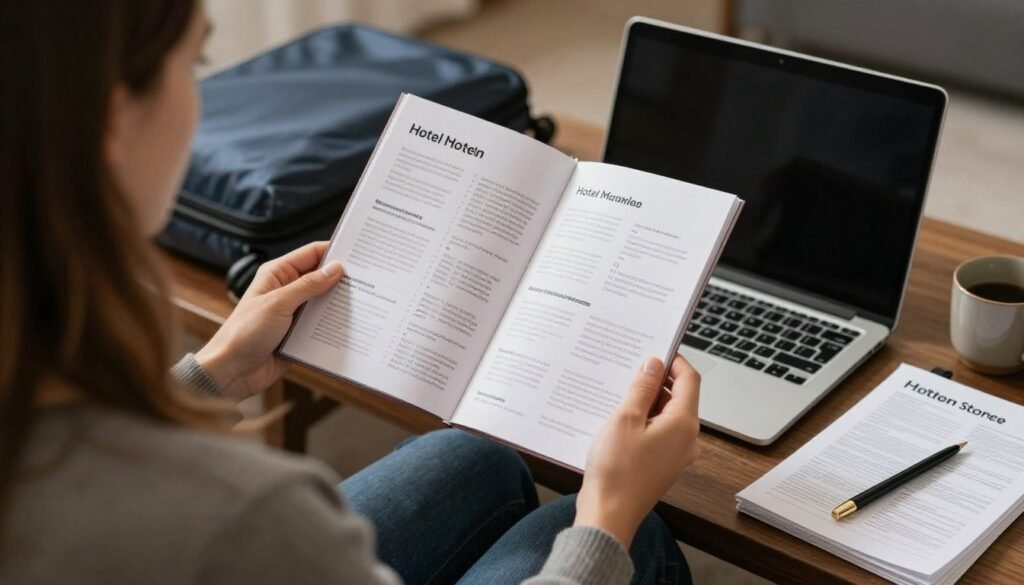 Traveler reading hotel information and planning trip
