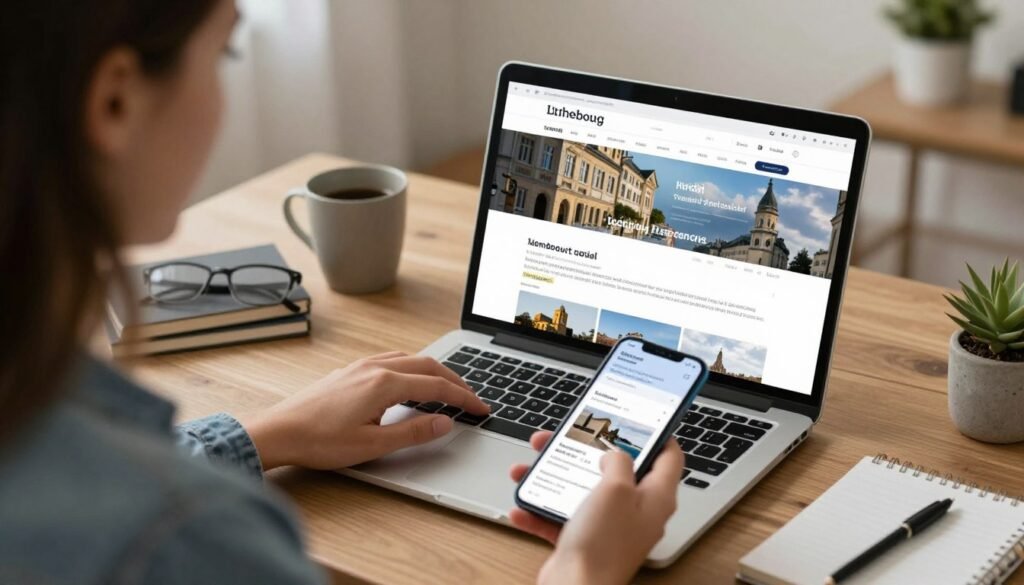 Traveler researching Luxembourg hotel bookings on laptop and smartphone