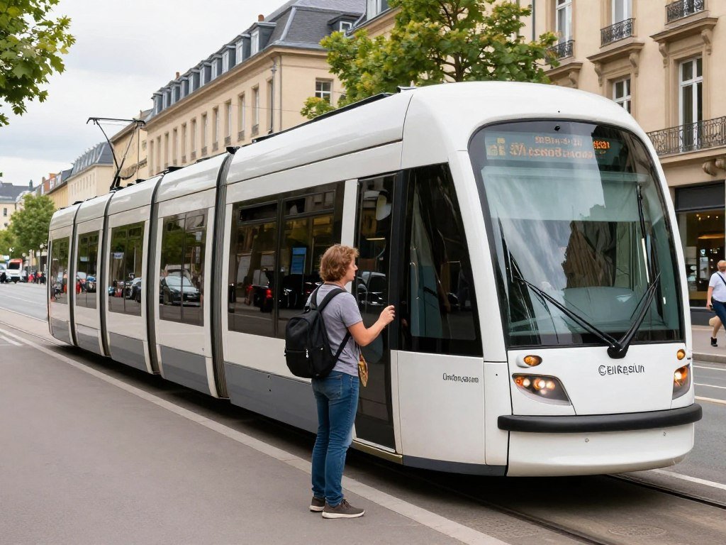 Traveler using free public transport in Luxembourg near budget hotel