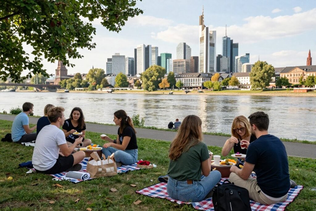 The Best Things to Do in Frankfurt 36 Travelers enjoying affordable picnic along Frankfurt Main River