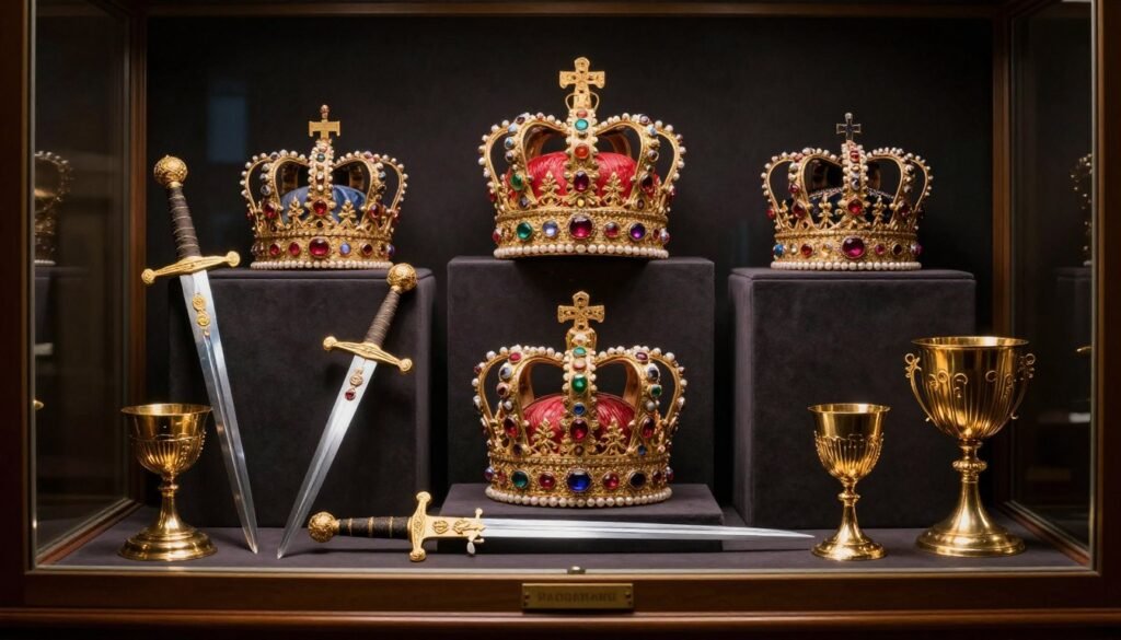 Treasury room with royal crowns and jewels