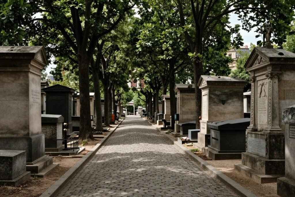 The Best Things to Do in Paris 8 Tree-lined path at Père Lachaise Cemetery with historic tombs - unique things to do in Paris