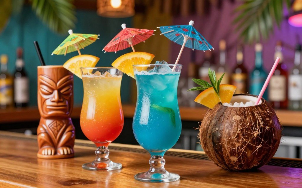 Tropical cocktails served in decorative glassware at tiki-style bar