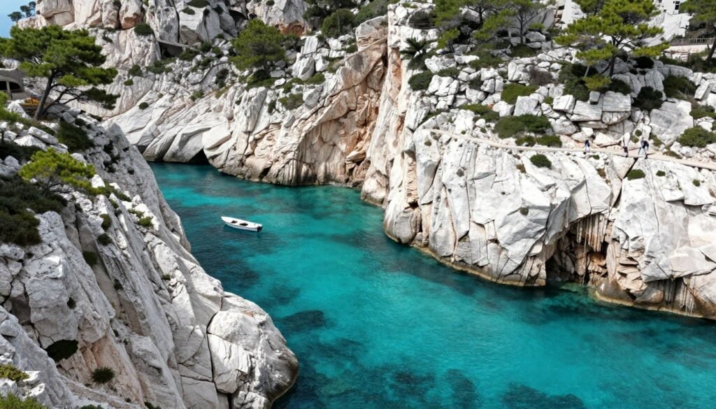 The Best Things to Do in Marseille 8 Turquoise waters of a calanque with white limestone cliffs in Calanques National Park