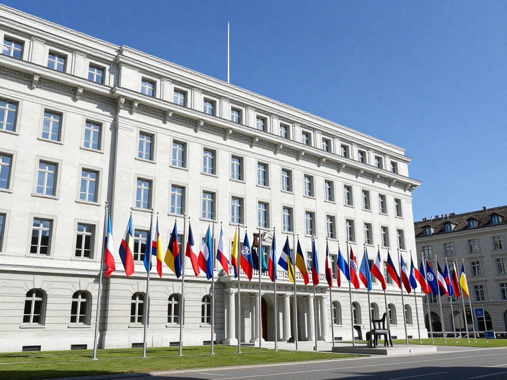 United Nations Palais des Nations headquarters building with flags in Geneva