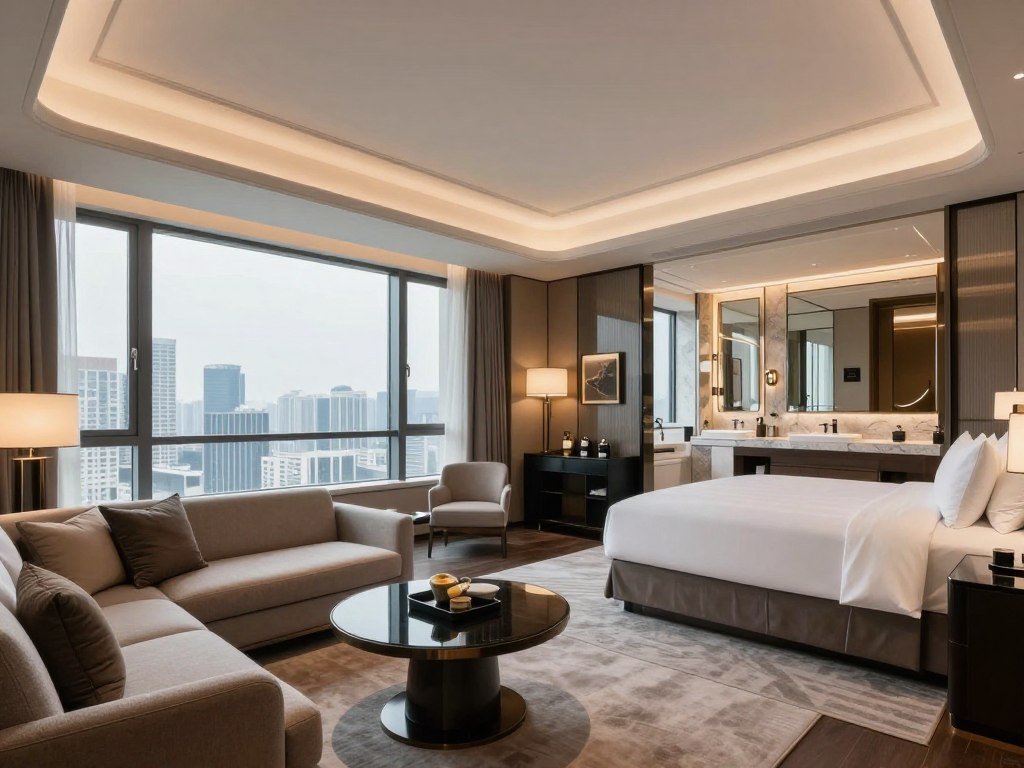 Upscale hotel suite with premium furnishings and city views