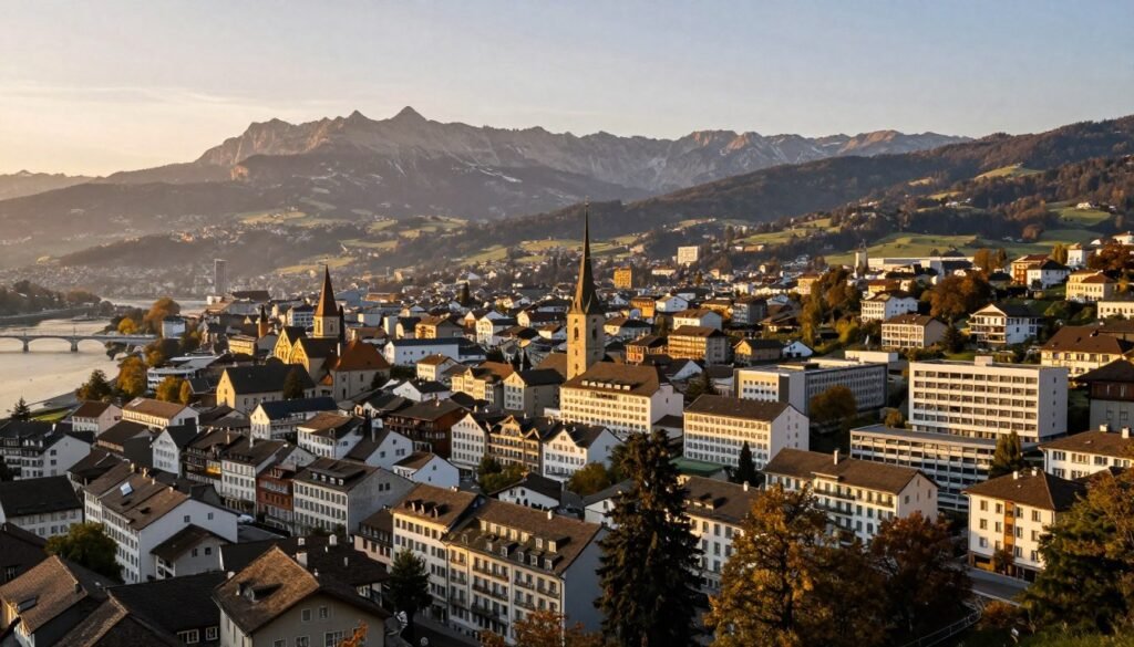 The Best Hotels in Vaduz 40 Vaduz cityscape at golden hour with hotels and mountains