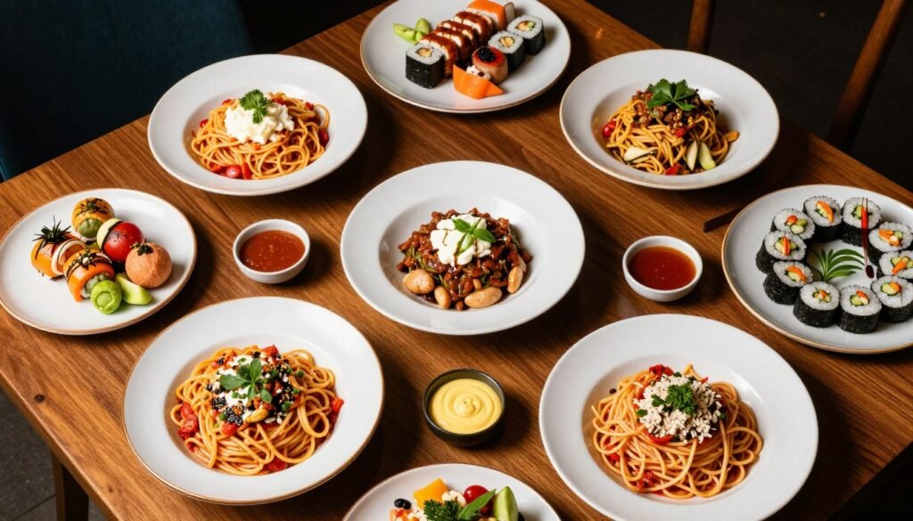Variety of international dishes displayed on restaurant table