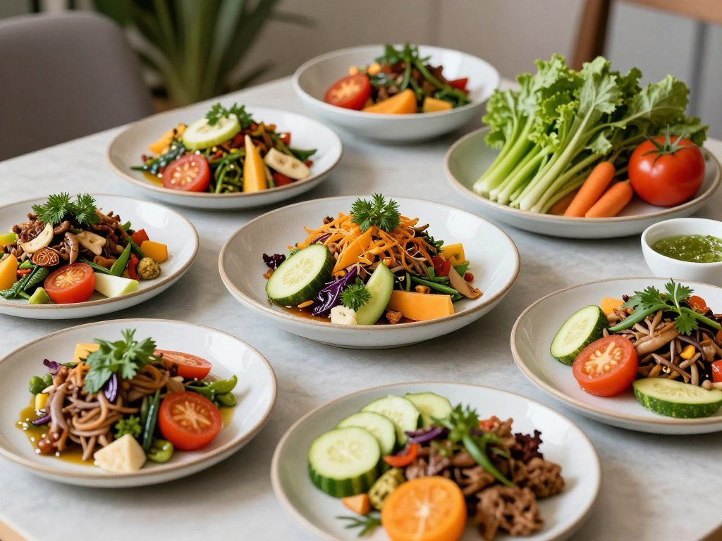 Vegetarian and vegan dishes with colorful vegetables