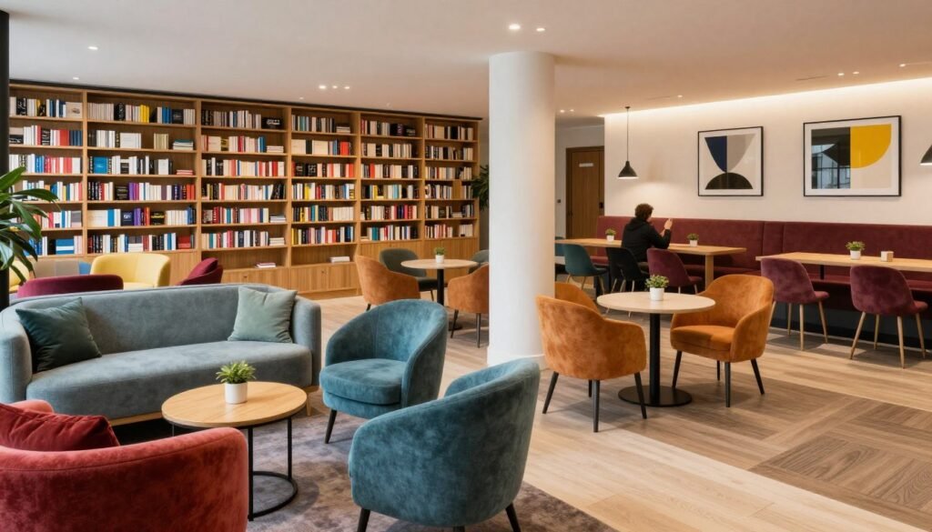 Vibrant communal space at citizenM Shoreditch with colorful furniture and work areas, one of the best value hotels in London England