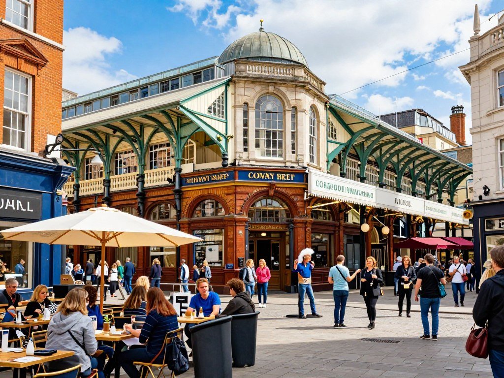 Vibrant scene at Covent Garden Market with shops and street performers, a popular area to find the best hotels in London England
