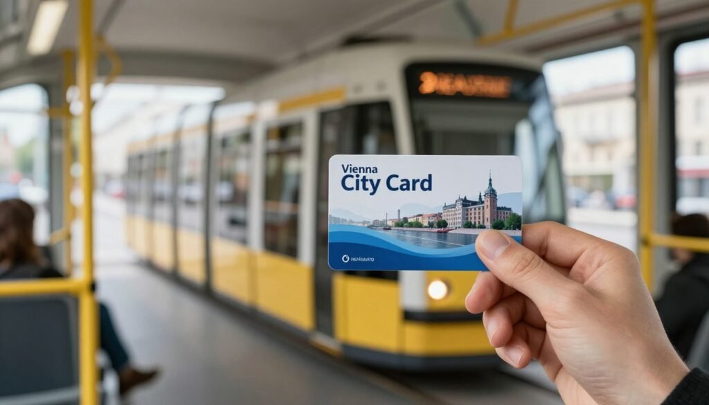 Vienna City Card being used on public transportation with Vienna's tram in the background