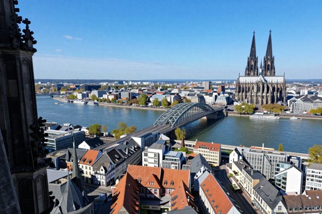The Best Things to Do in Cologne 2 View from Cologne Cathedral tower showing panoramic city skyline and Rhine River