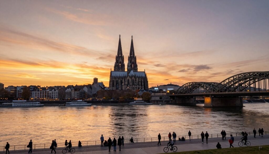 The Best Things to Do in Cologne 22 View of Cologne skyline from Deutz riverside promenade at sunset
