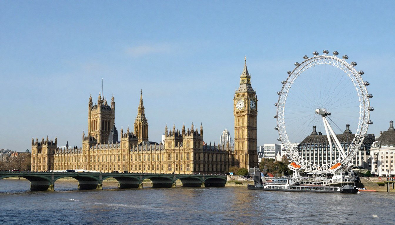 View of London skyline showing Big Ben, London Eye and Thames River - things to do in London