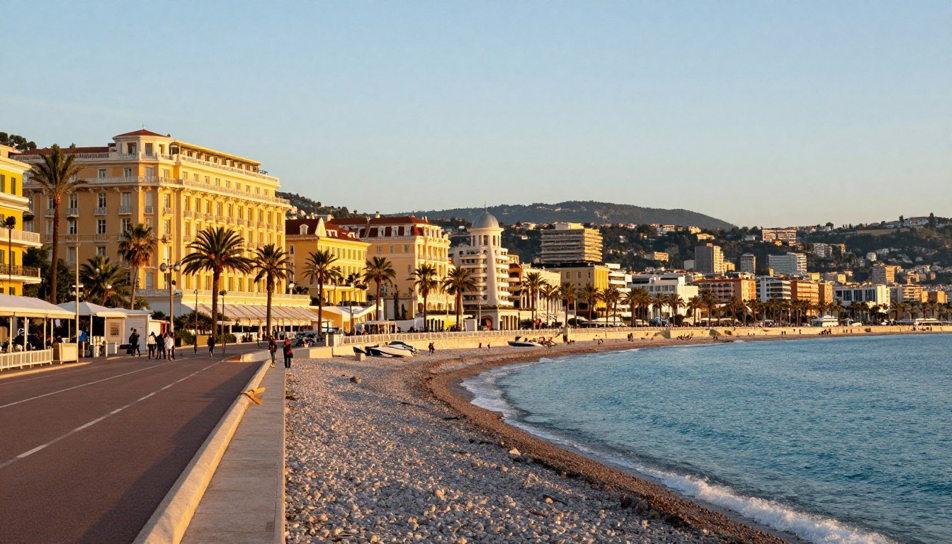 View of Nice's Promenade des Anglais with luxury hotels lining the beachfront