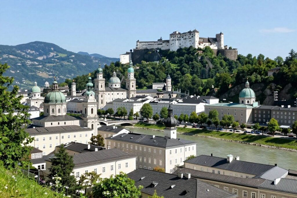 The Best Things to Do in Salzburg 6 View of Salzburg's Old Town from Kapuzinerberg hill with the Salzach River and mountains in the background