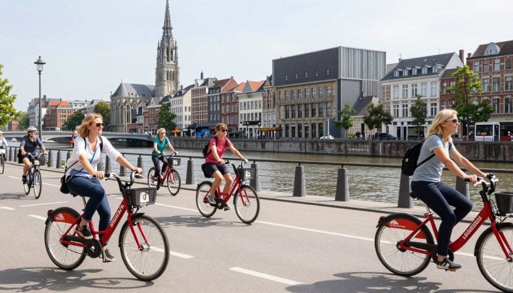 Visitors exploring Antwerp by bicycle along the Scheldt River with the city skyline in the background