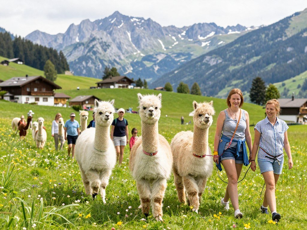Visitors walking with friendly alpacas through Alpine meadow