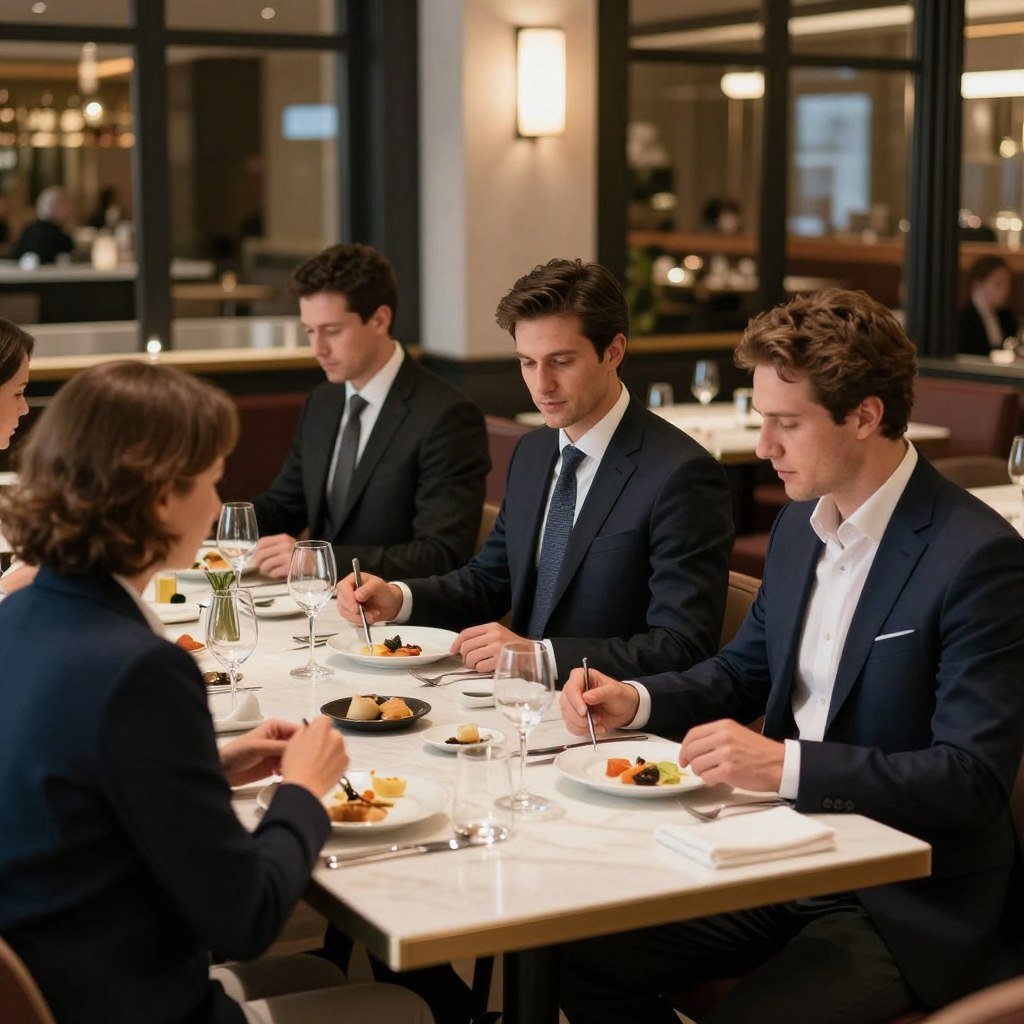 Well-dressed diners in upscale Geneva restaurant