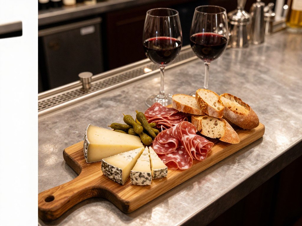 Wine and charcuterie board at a Paris wine bar