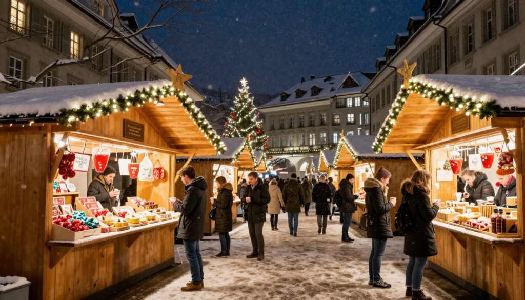 Zurich Christmas market with illuminated stalls and decorations