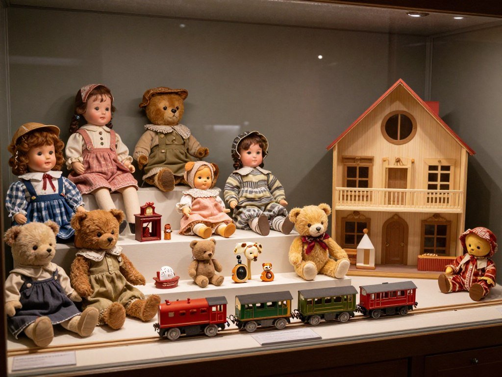 Zurich Toy Museum display with vintage toys and dolls