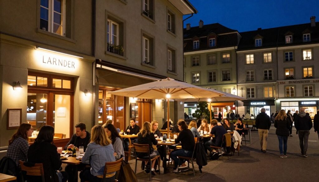 Zurich restaurant scene at night with illuminated establishments