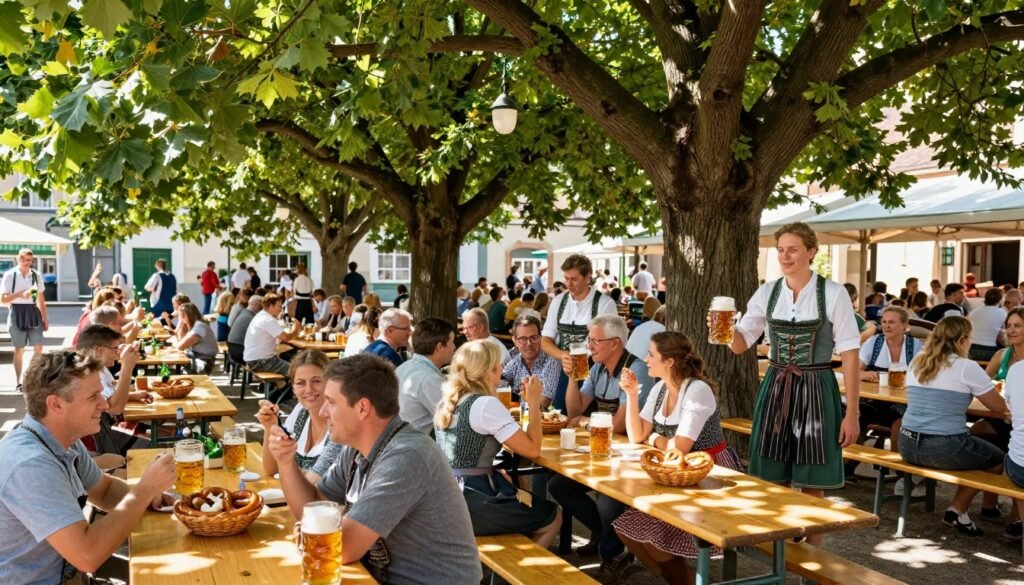bustling munich beer garden with people at long wooden tables under chestnut trees