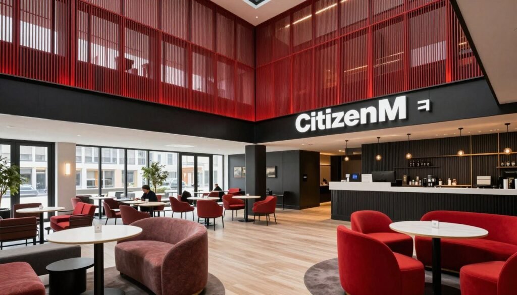 citizenM Rotterdam modern lobby and communal space, a stylish hotel in Rotterdam Netherlands