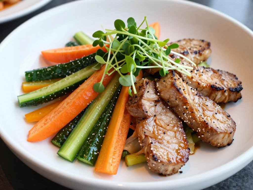 colorful asian fusion dish with fresh ingredients and artistic presentation