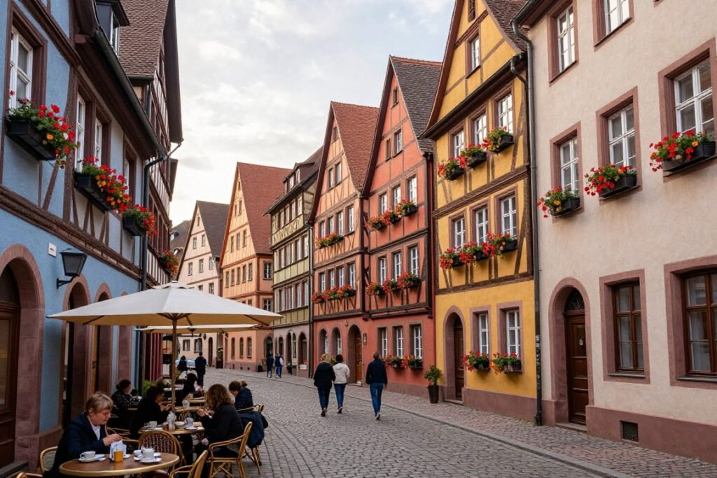 colorful half-timbered houses on weisgerbergasse street in nuremberg