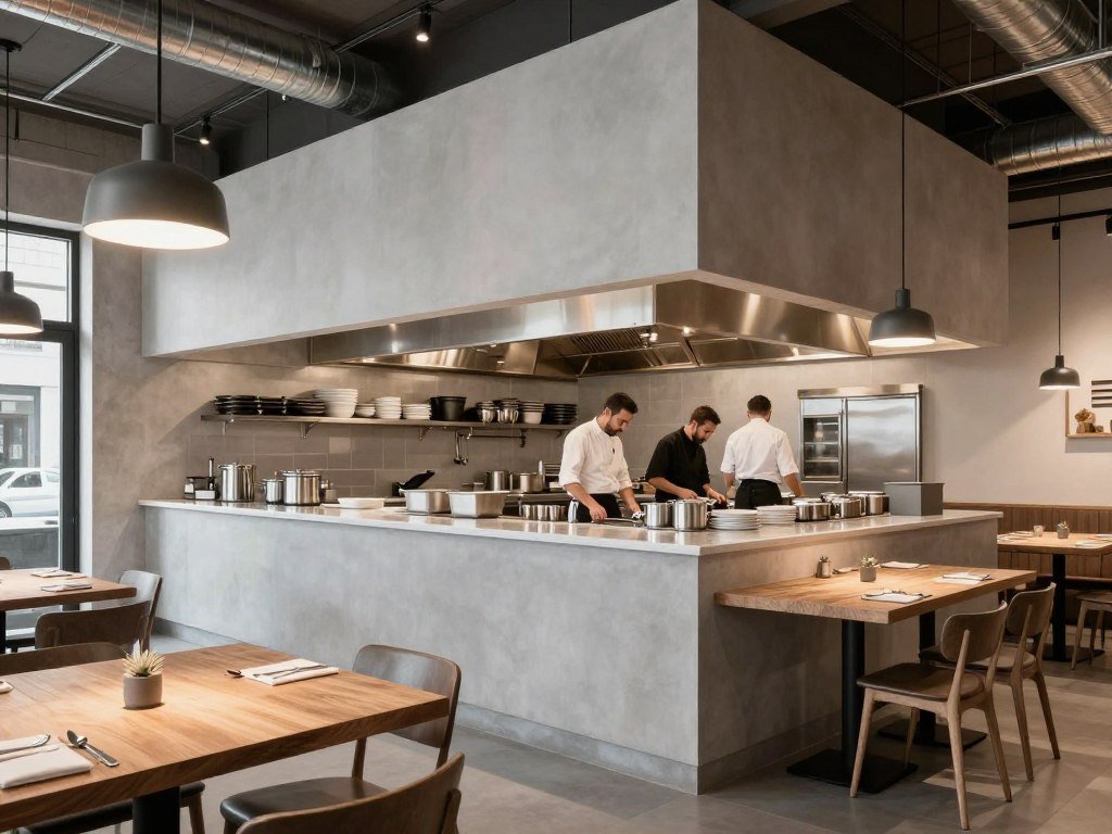 contemporary restaurant interior with open kitchen at 100/200