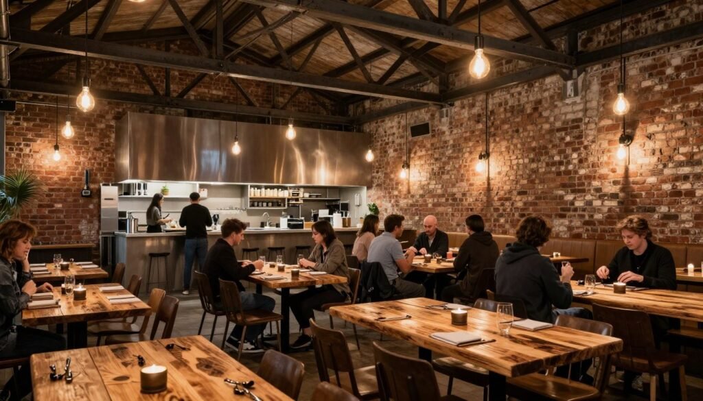 converted warehouse restaurant space in Frankfurt Ostend