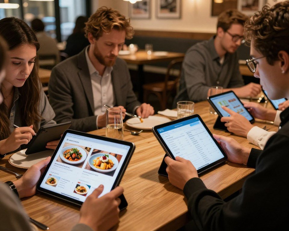 diners using interactive digital menu tablets at modern Hamburg restaurant