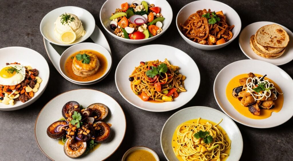 diverse international cuisine dishes arranged on table showing variety