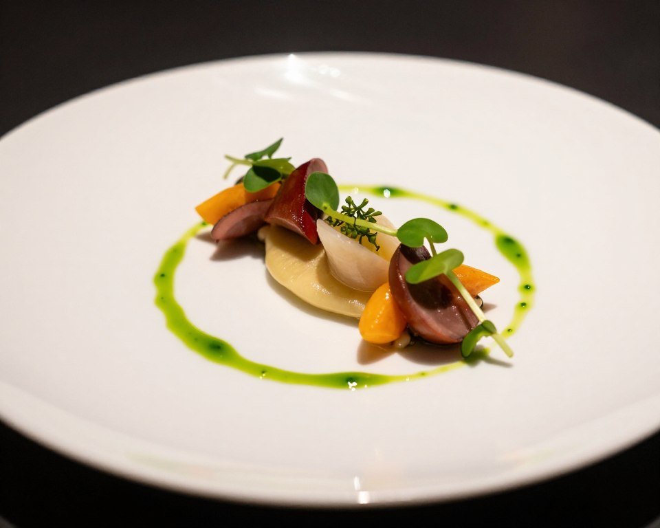 elegant fine dining dish with artistic plating and garnishes