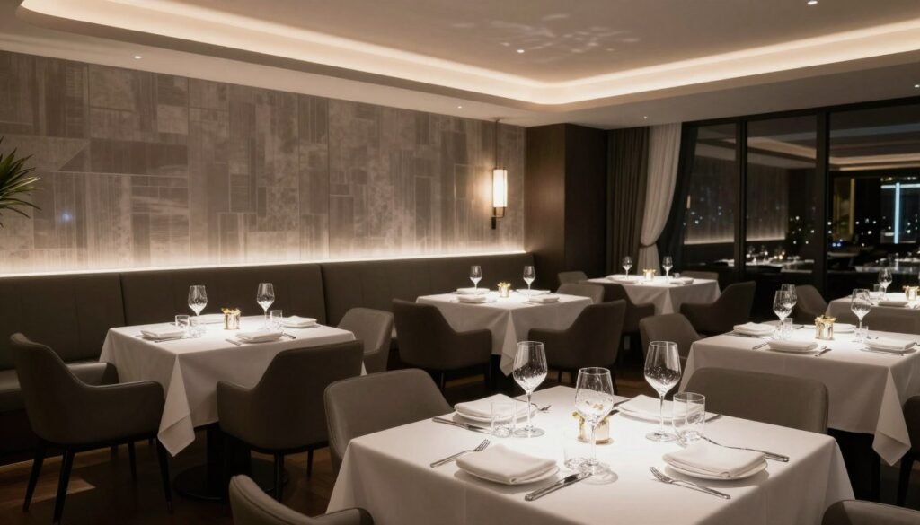 elegant fine dining restaurant interior in Hamburg with white tablecloths and sophisticated ambiance