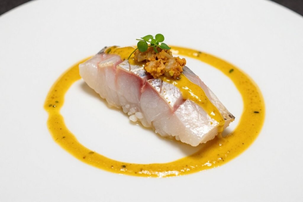 elegant plated Nikkei fusion dish combining Japanese and Peruvian elements