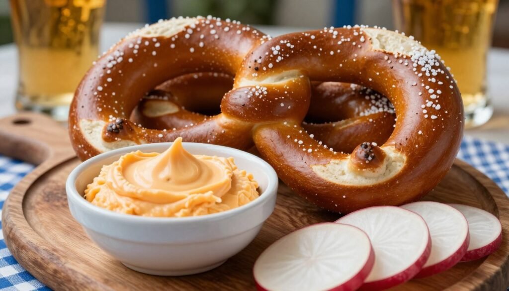 giant bavarian pretzel with obatzda cheese spread and radishes
