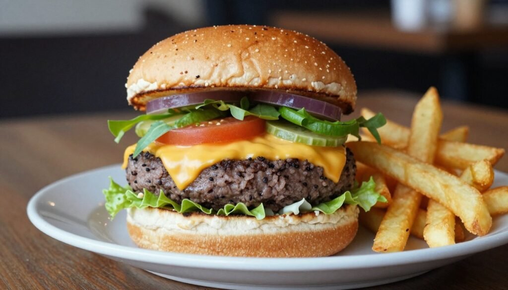 gourmet burger with fries at Luxembourg casual restaurant