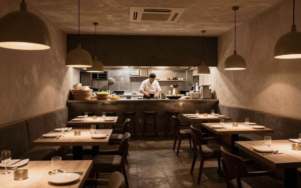 intimate dining room at Haebel restaurant with open kitchen view