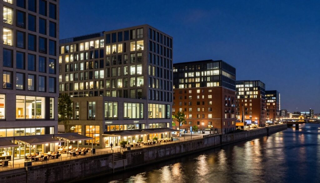 modern HafenCity architecture with waterfront restaurants at night