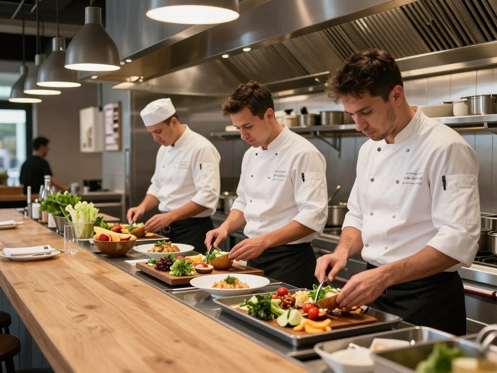 modern restaurant kitchen in Hamburg with chefs preparing sustainable local ingredients