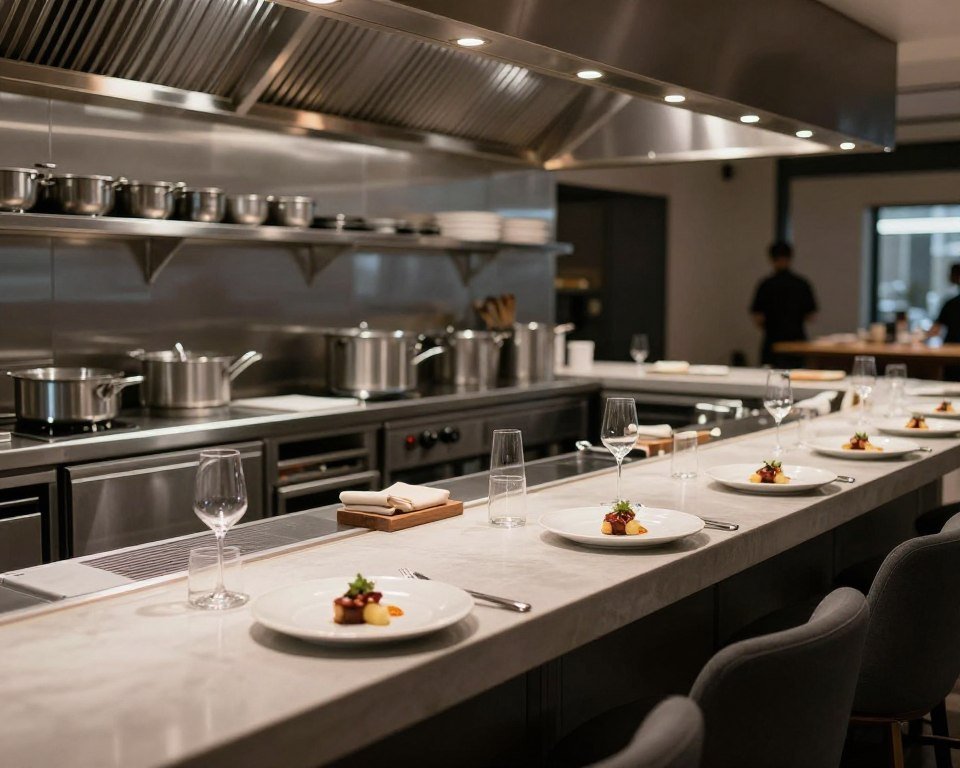 modern restaurant open kitchen with chef preparing tasting menu